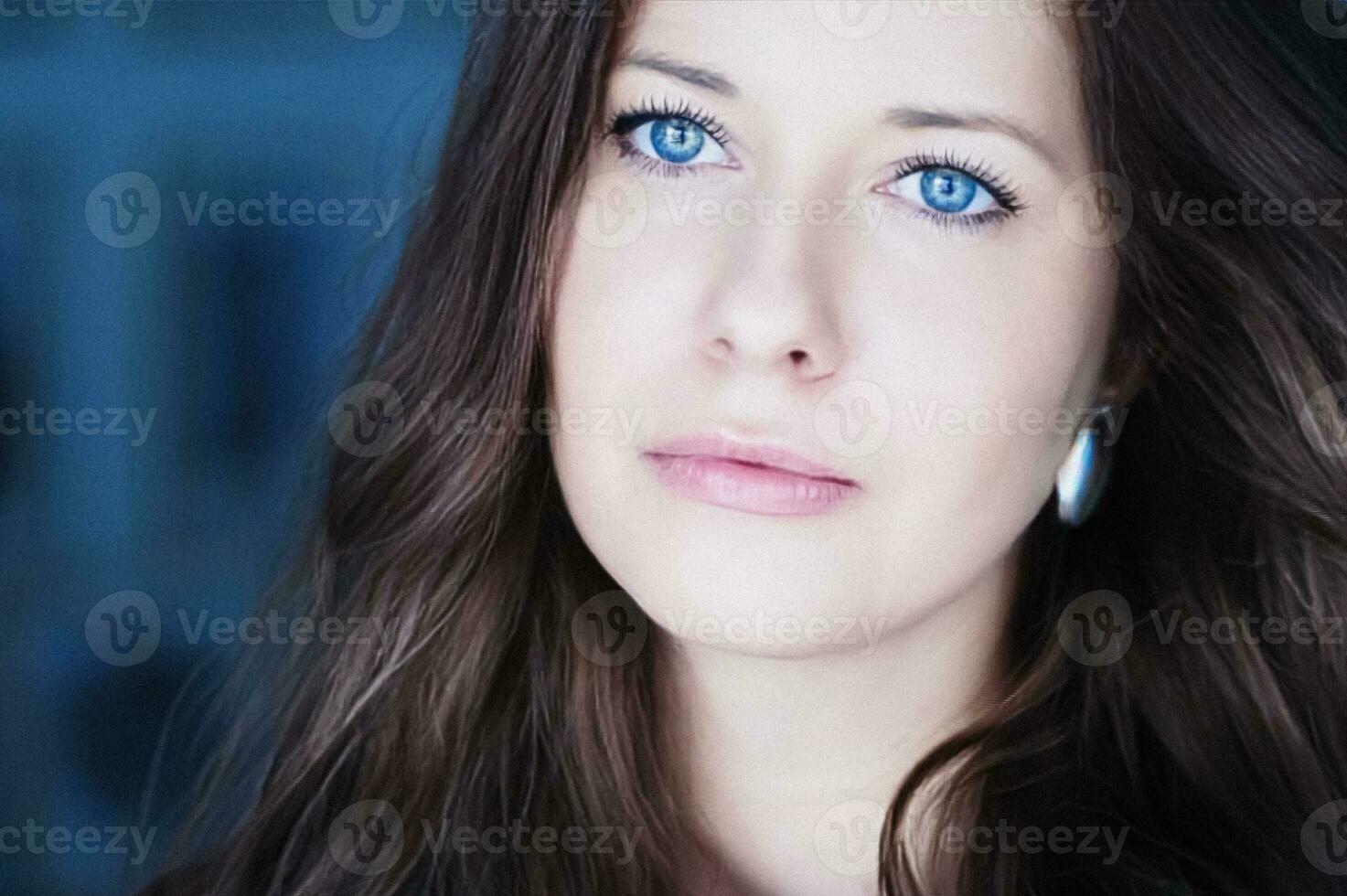 beauté, cheveux se soucier et Naturel maquillage regarder. magnifique femme avec longue coiffure, sans faille peau et biologique cosmétique se maquiller, portrait avec doux concentrer et rétro film grain effet photo