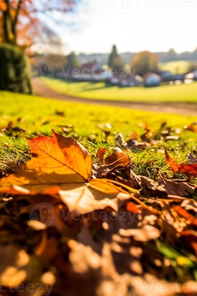 abstrait l'automne scène et Anglais pays style maison village sur arrière-plan, magnifique campagne la nature avec automnal feuilles et bokeh, génératif ai photo