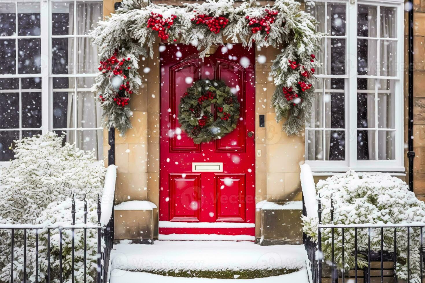Noël couronne et décoration sur une classique rouge porte sur neige hiver vacances, joyeux Noël et content vacances vœux, génératif ai photo