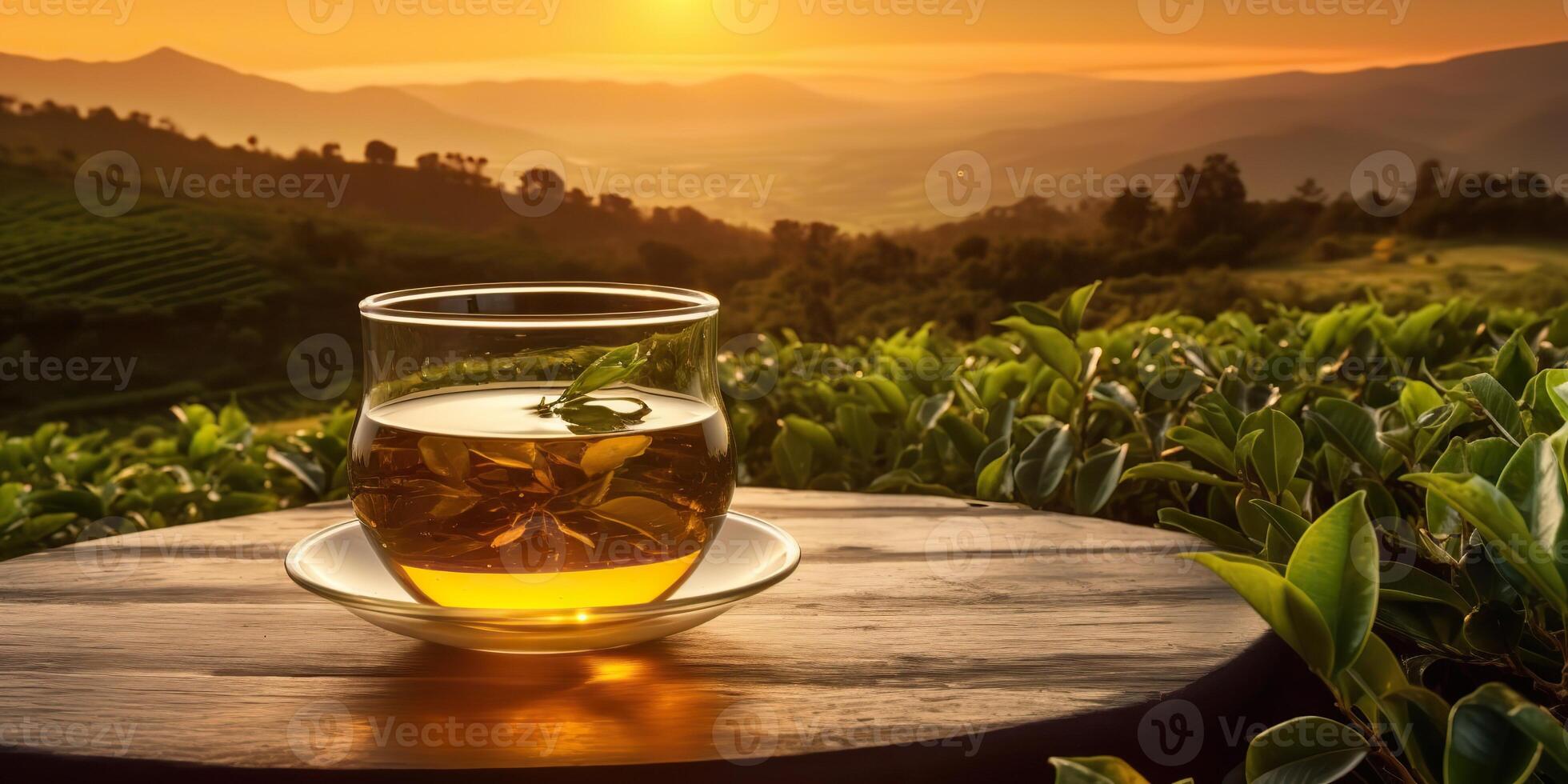 ai généré. ai génératif. tasse de vert thé avec champ vert plantation Montagne Contexte scène. graphique art photo