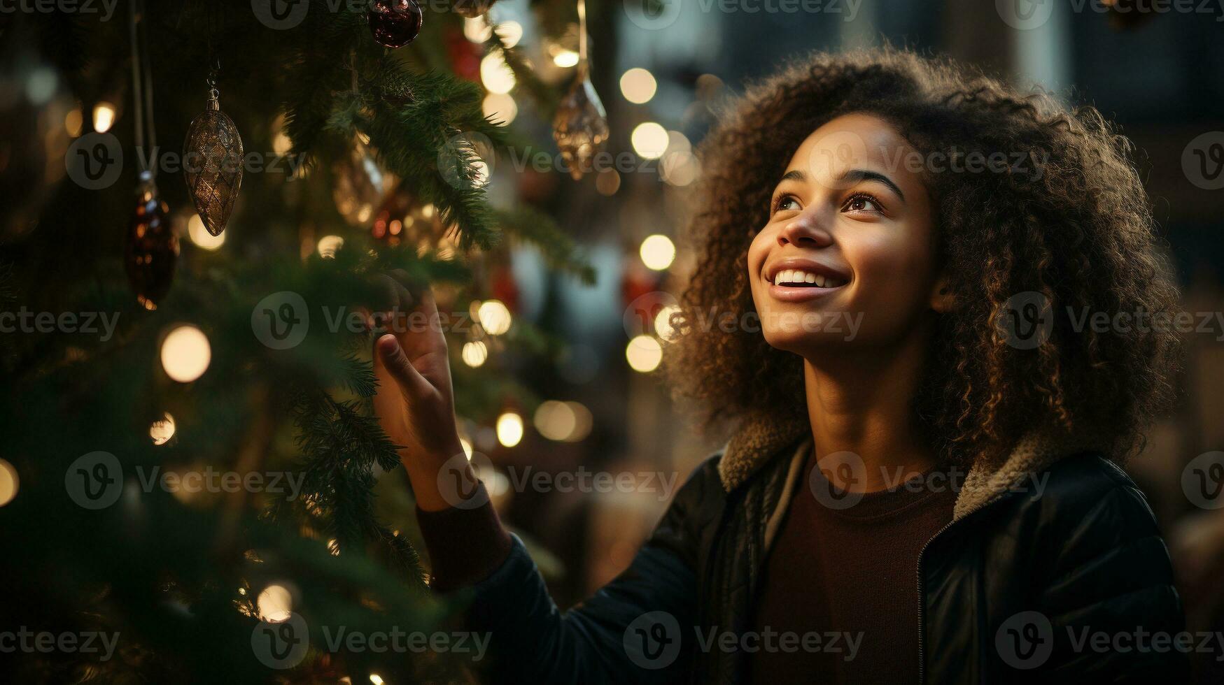 content Jeune africain américain adulte femme décorer le Noël arbre - génératif ai. photo