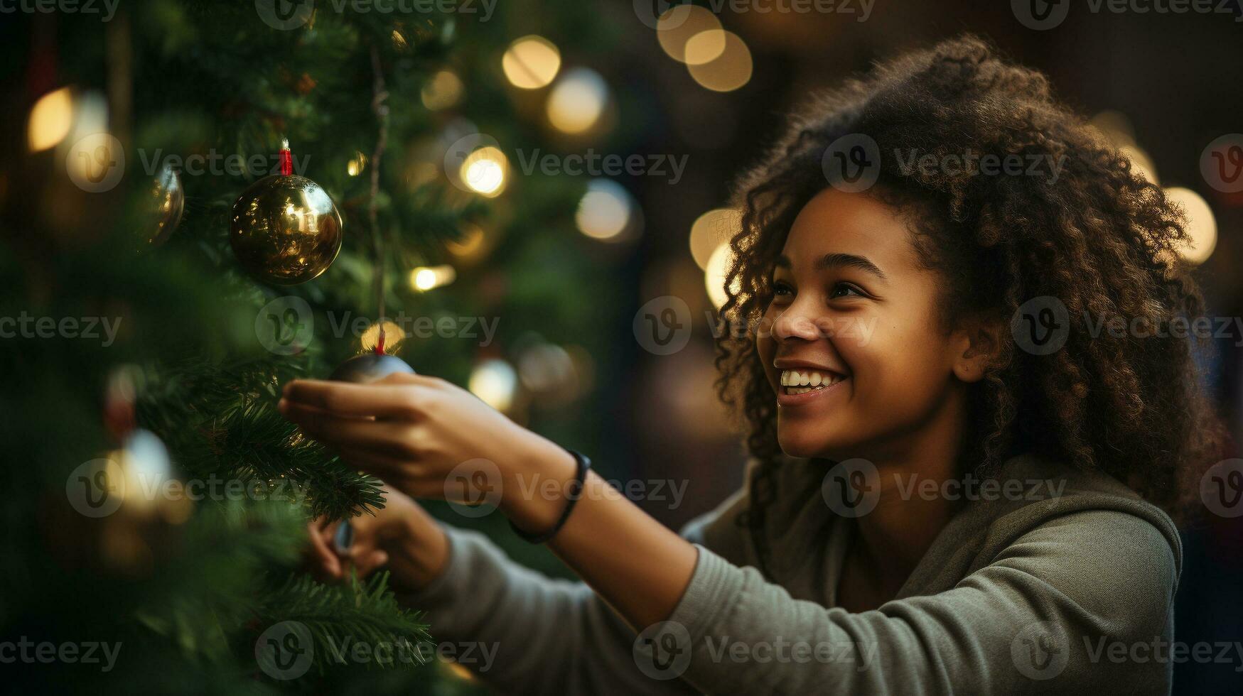 content Jeune africain américain adulte femme décorer le Noël arbre - génératif ai. photo