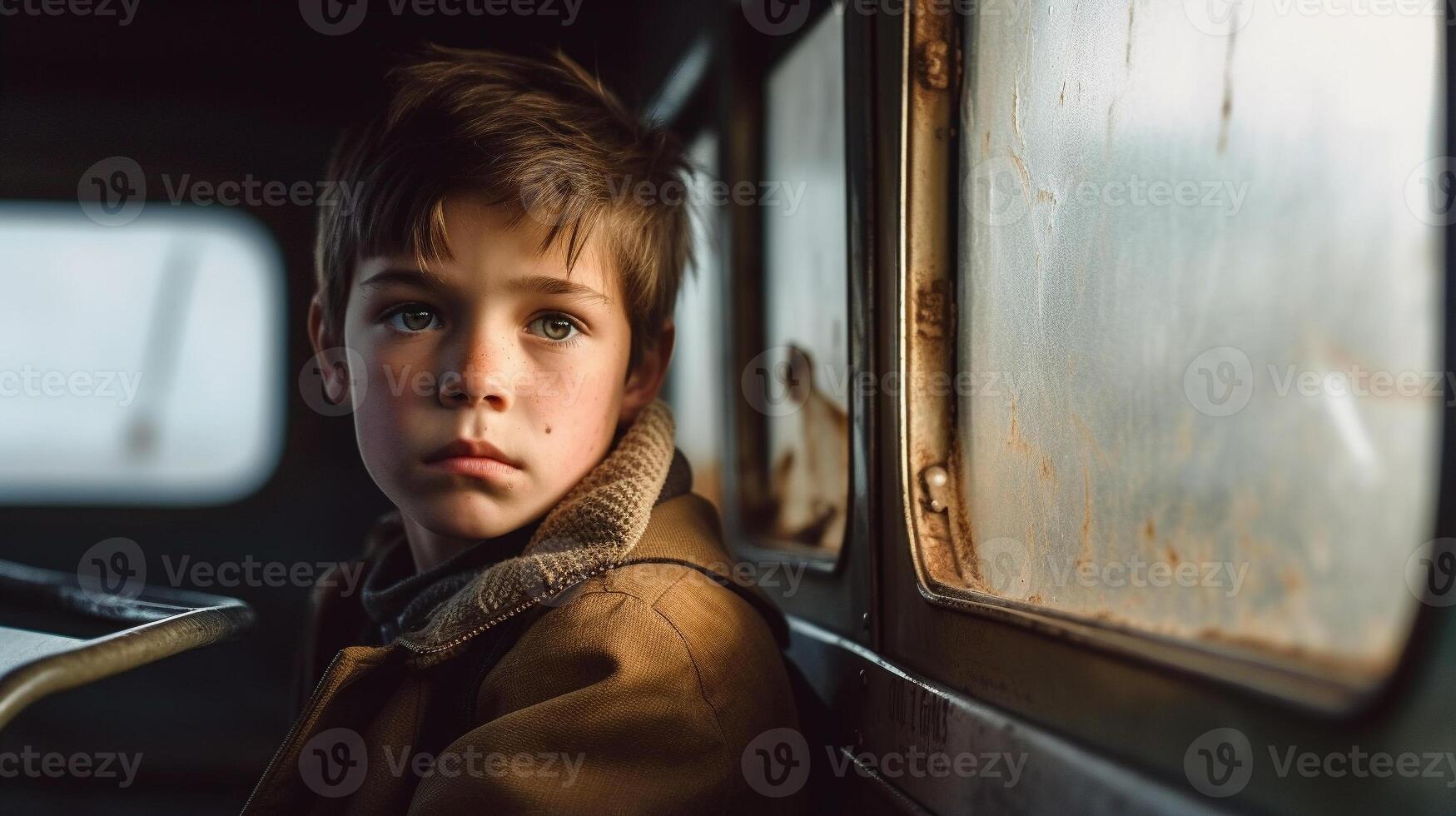 triste, effrayé, solitaire et du froid enfant est assis sur une école autobus seul - génératif ai. photo