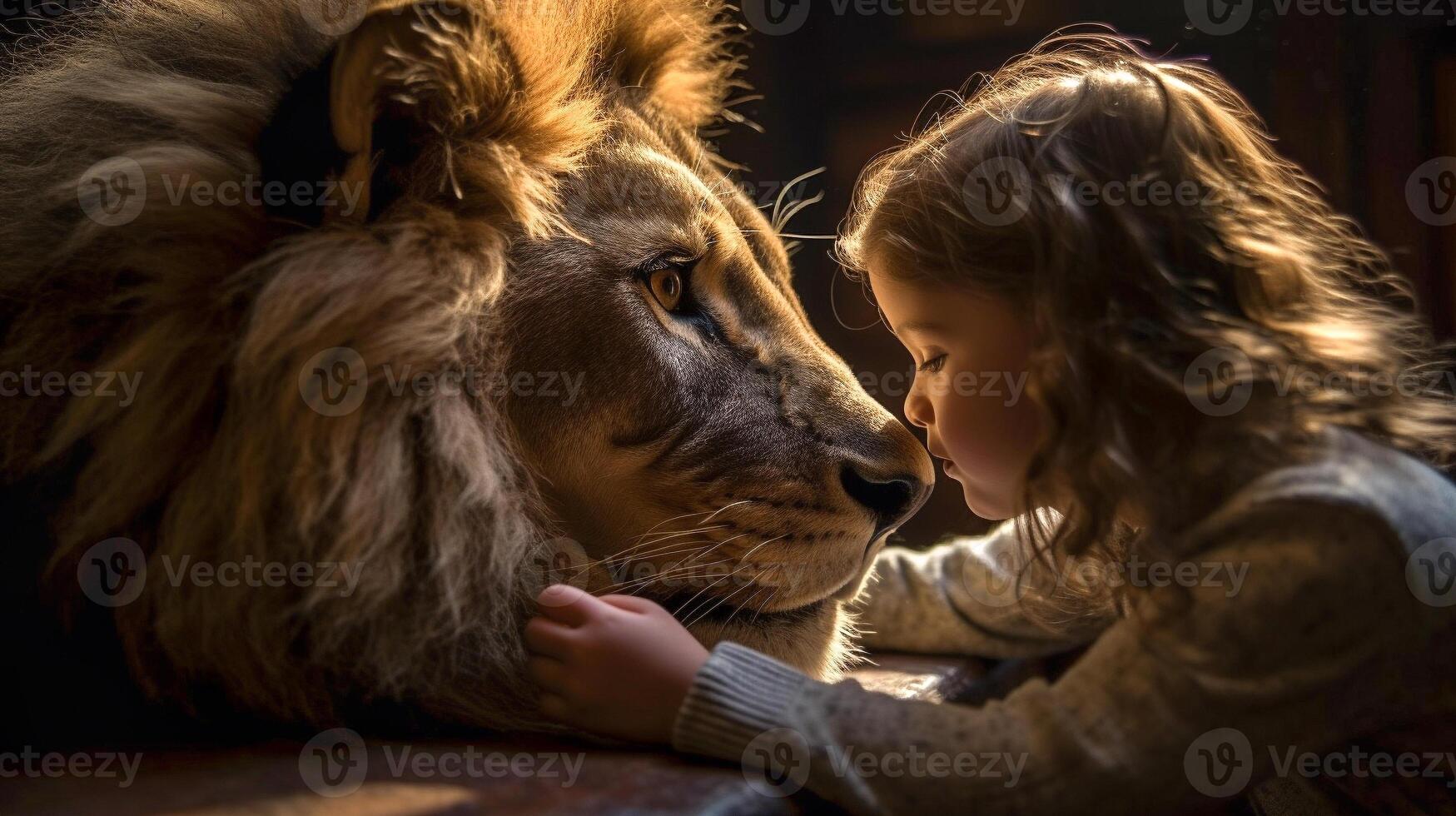 profil de une sans peur Jeune femelle enfant doucement émouvant le visage de une très grand Lion - génératif ai. photo