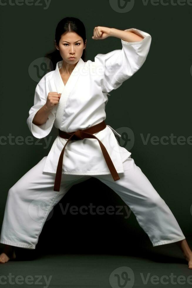 une femelle martial artiste habillé dans une blanc uniforme, démontrant une puissant position avec sa mains serré et les poings serré. elle est portant une noir ceinture et je photo