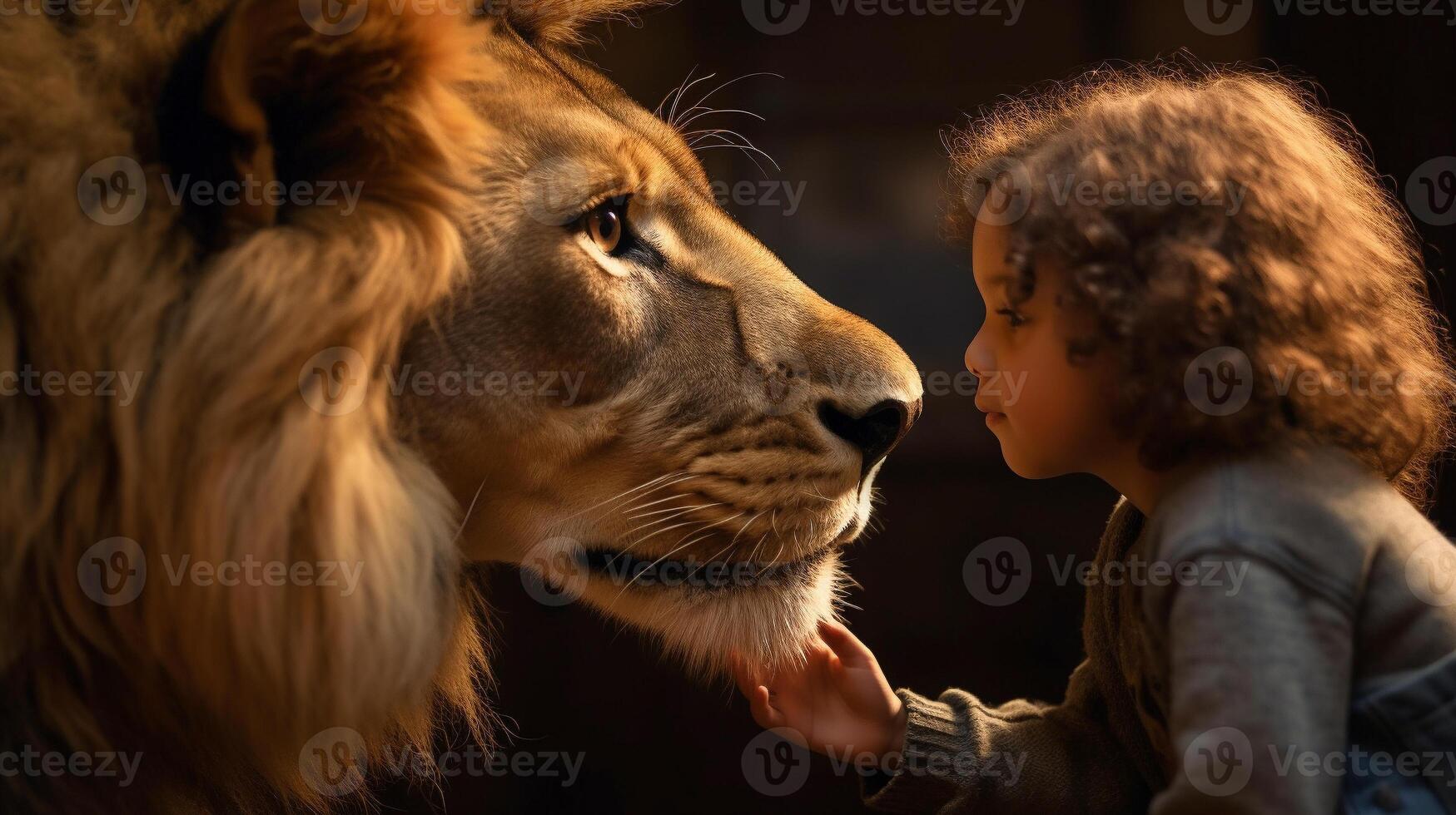 profil de une sans peur Jeune femelle enfant doucement émouvant le visage de une très grand Lion - génératif ai. photo