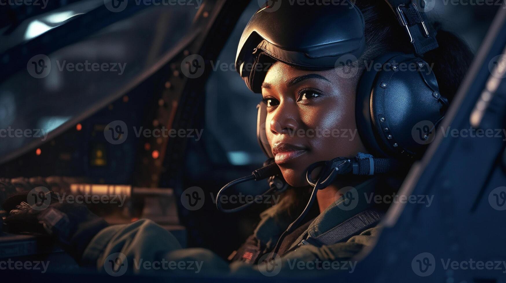 fier africain américain femelle air Obliger combattant pilote dans le cockpit de sa combattant jet - génératif ai. photo