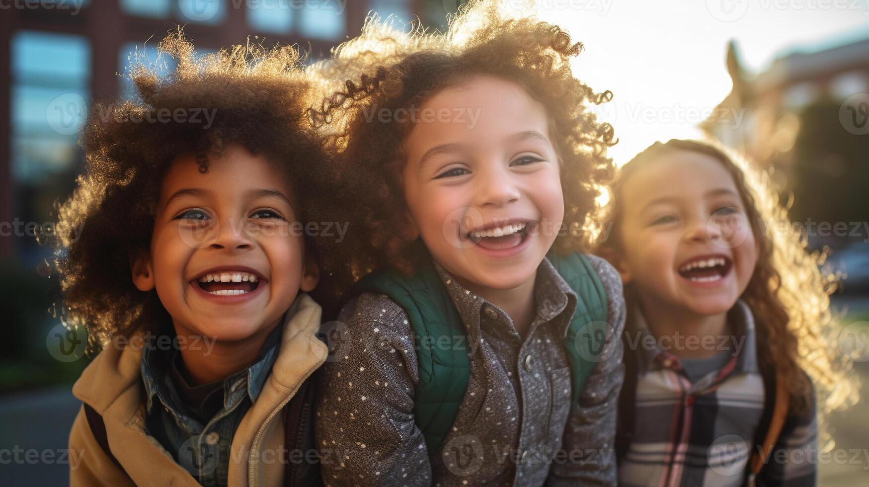 content en riant Multi-éthnique les enfants sur leur façon à école - génératif ai. photo