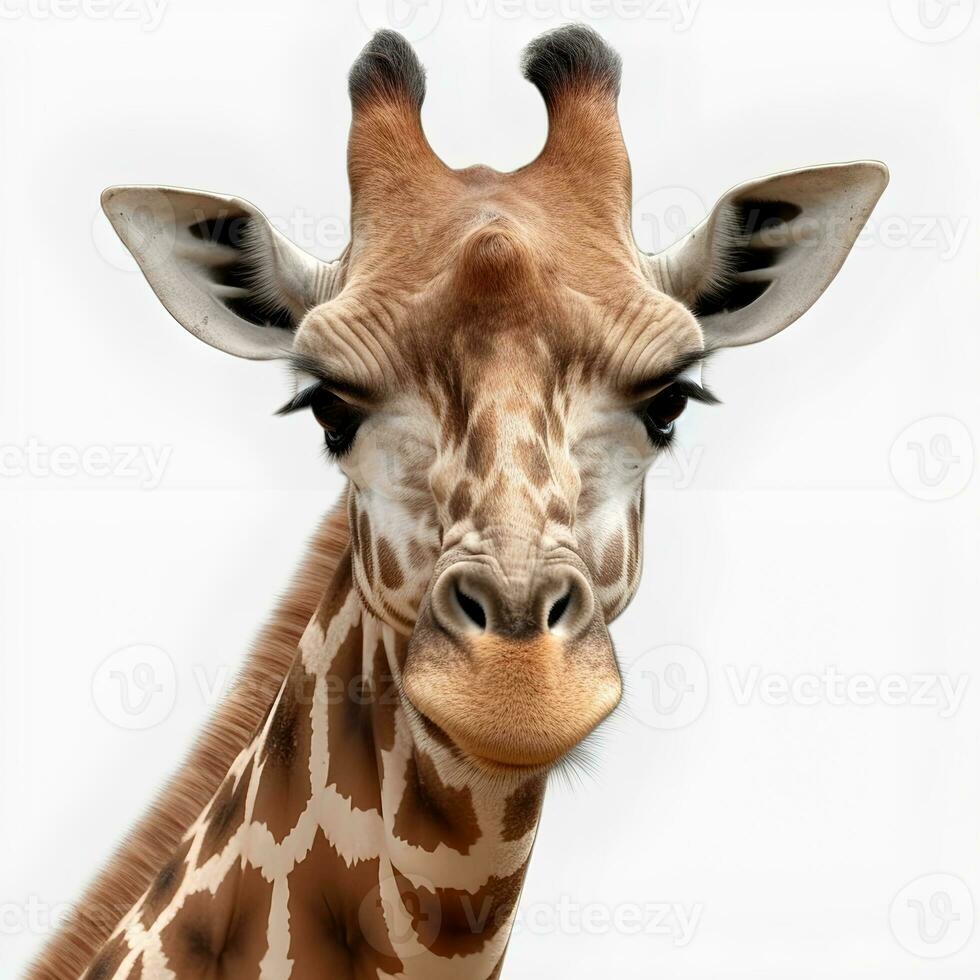 mignonne portrait de une girafe sur une blanc Contexte. génératif ai photo