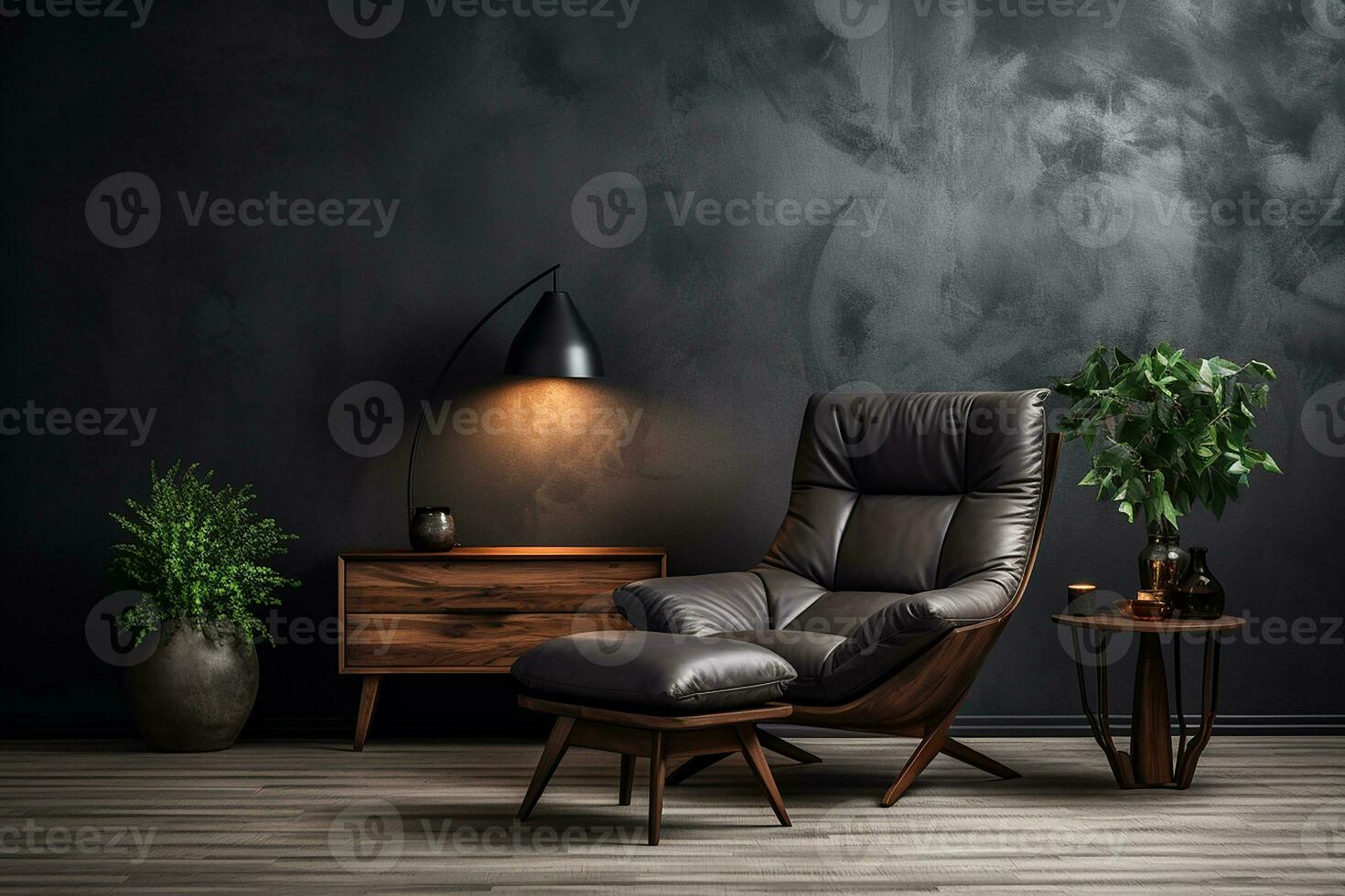 minimaliste pièce intérieur conception avec cuir fauteuil et en bois meubles sur foncé mur Contexte photo
