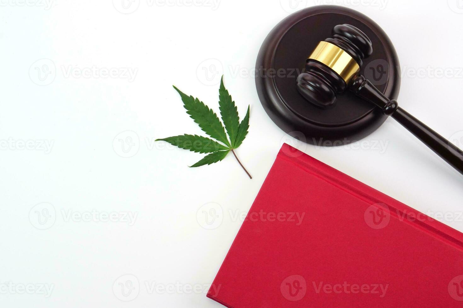 Haut vue de Frais cannabis feuille ou marijuana feuille avec juge marteau et loi livre sur blanc Contexte. photo