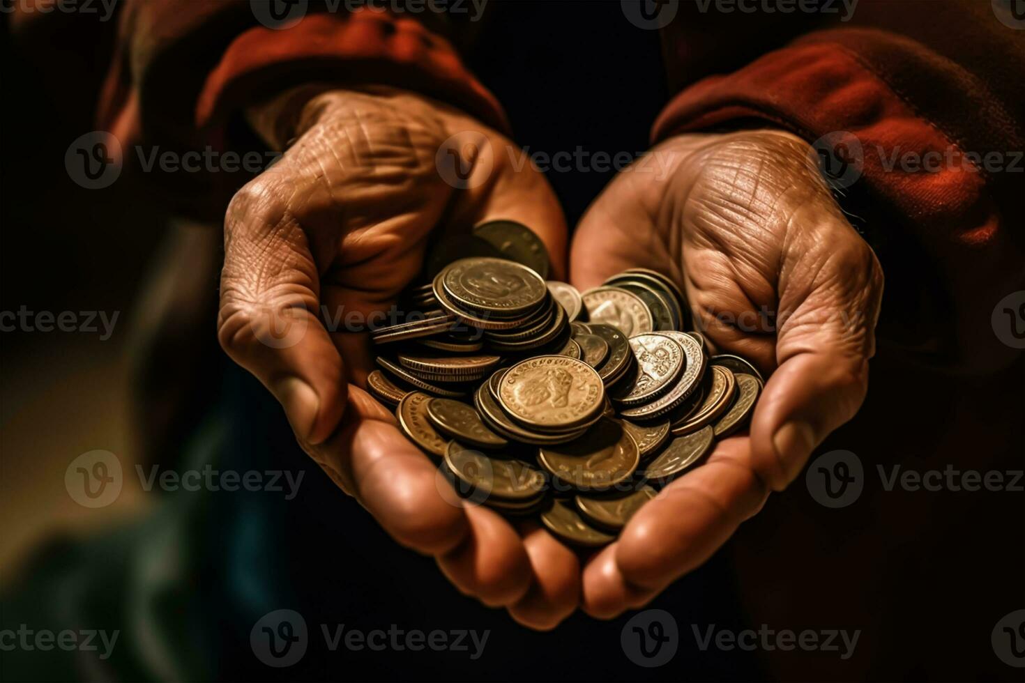 proche en haut de vieux homme mains en portant pièces de monnaie. la pauvreté concept, charité journée concept, génératif ai photo
