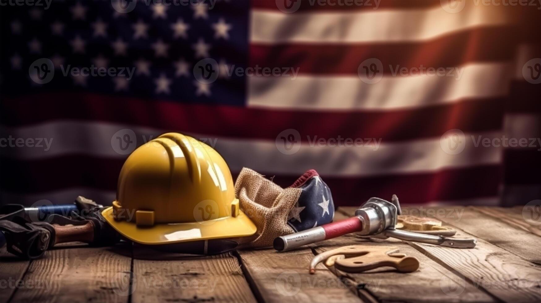 américain drapeau avec sécurité casque et outils sur en bois Contexte. la  main d'oeuvre journée concept, génératif ai 26713566 Photo de stock chez  Vecteezy