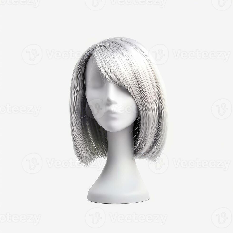 cheveux perruque plus de le Plastique mannequin tête isolé plus de le blanc arrière-plan, maquette avec contemporain aux femmes coiffures, génératif ai illustration photo