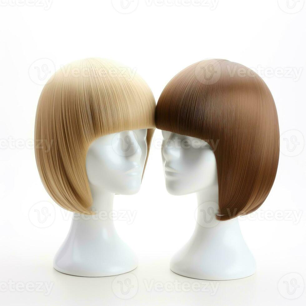 cheveux perruque plus de le Plastique mannequin tête isolé plus de le blanc arrière-plan, maquette avec contemporain aux femmes coiffures, génératif ai illustration photo