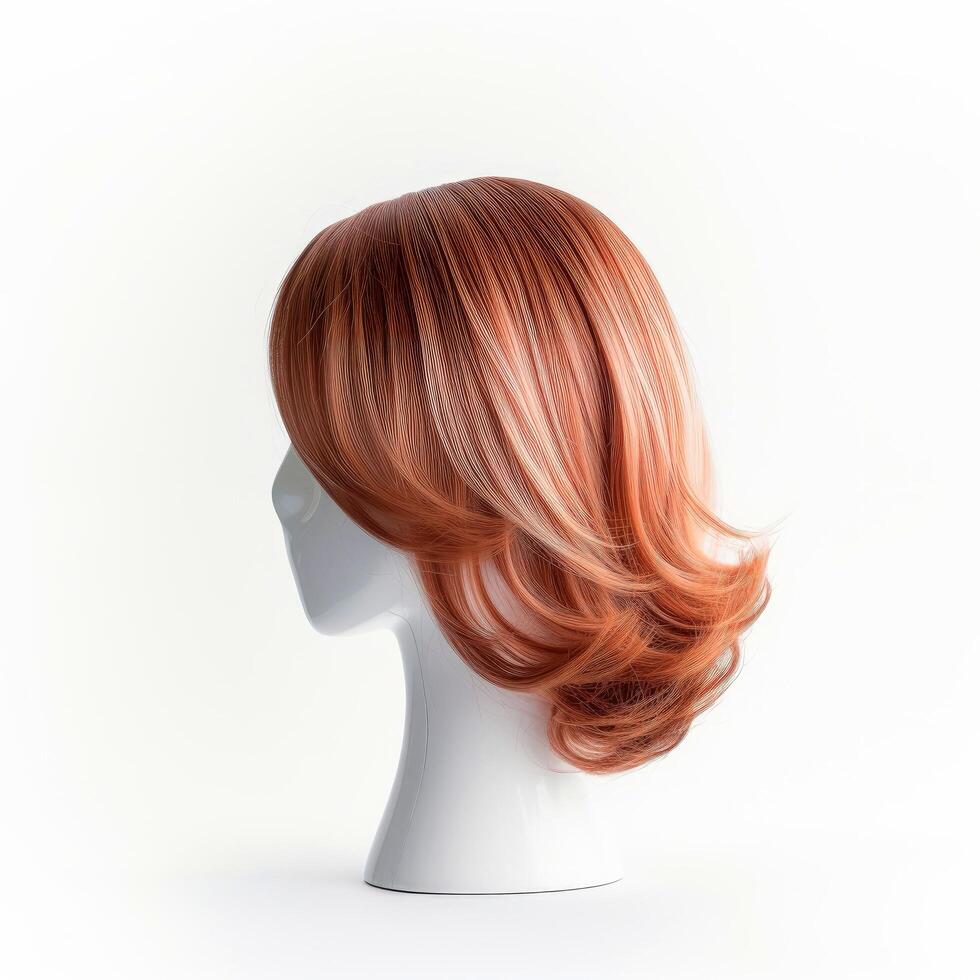 cheveux perruque plus de le Plastique mannequin tête isolé plus de le blanc arrière-plan, maquette avec contemporain femmes coiffures, génératif ai illustration photo