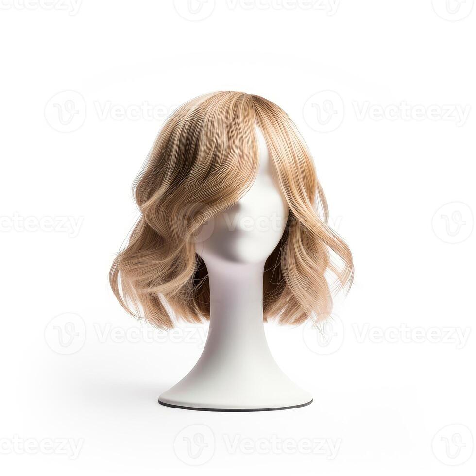 cheveux perruque plus de le Plastique mannequin tête isolé plus de le blanc arrière-plan, maquette avec contemporain aux femmes coiffures, génératif ai illustration photo