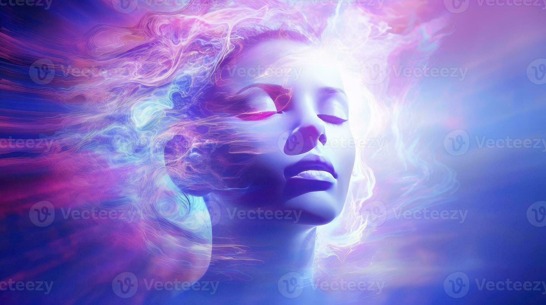 illustration de femme en train de dormir et rêver. psychique fille considère esprit et cœur, spiritualité, l'ésotérisme. psychique vagues concept, génératif ai illustration photo