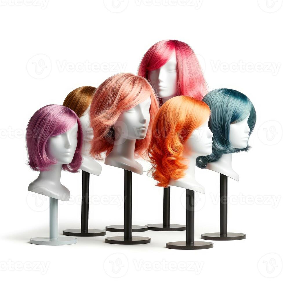 cheveux perruque plus de le Plastique mannequin tête isolé plus de le blanc arrière-plan, maquette avec contemporain aux femmes coiffures, génératif ai illustration photo