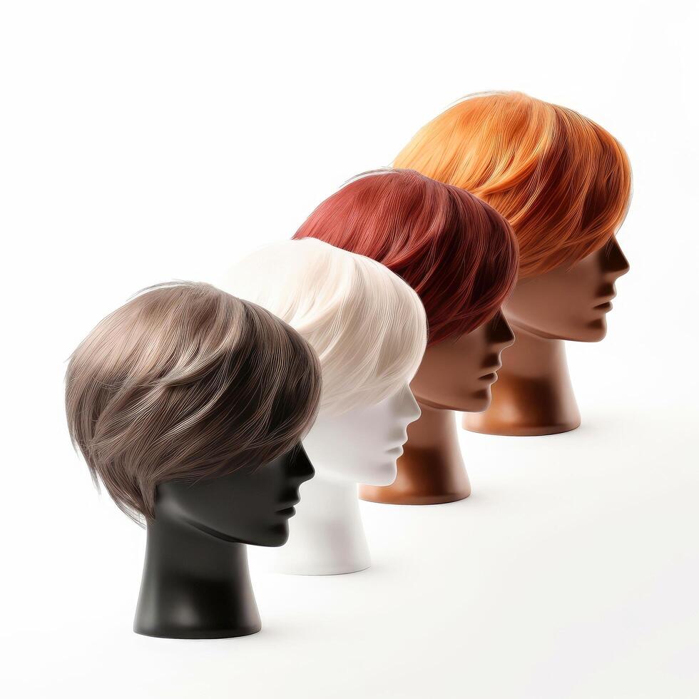 cheveux perruque plus de le Plastique mannequin tête isolé plus de le blanc arrière-plan, maquette avec contemporain Pour des hommes coiffures, génératif ai illustration photo