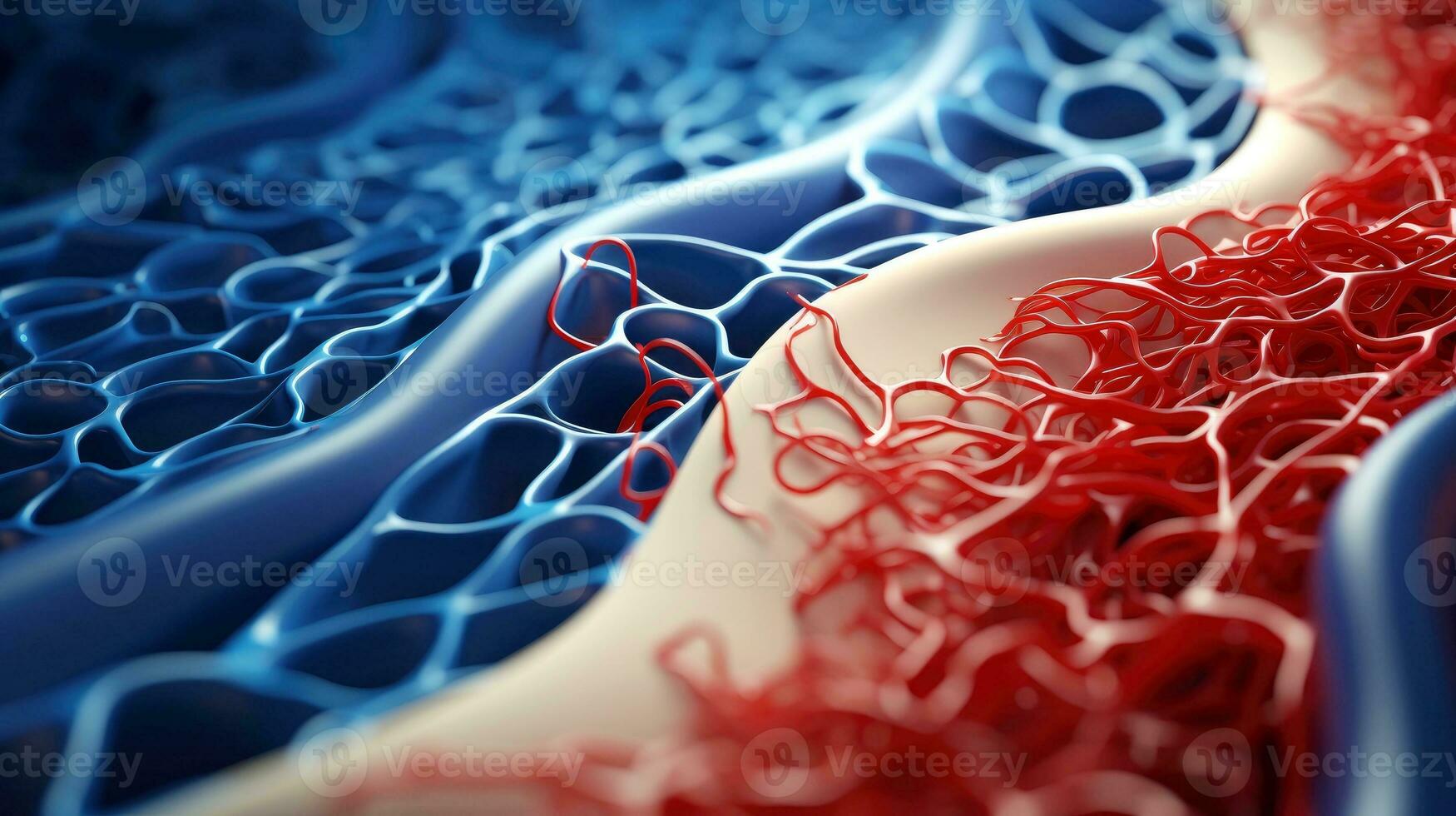 3d illustration maquette de le Humain organe systèmes, circulatoire, digestif, rouge et blanc cellules sanguines avec flou arrière-plan. médical éducation concept, génératif ai illustration photo