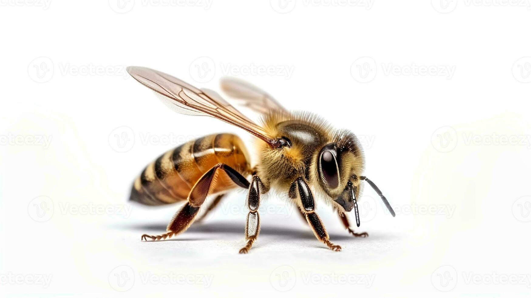 photo de une mon chéri abeille sur blanc Contexte. génératif ai