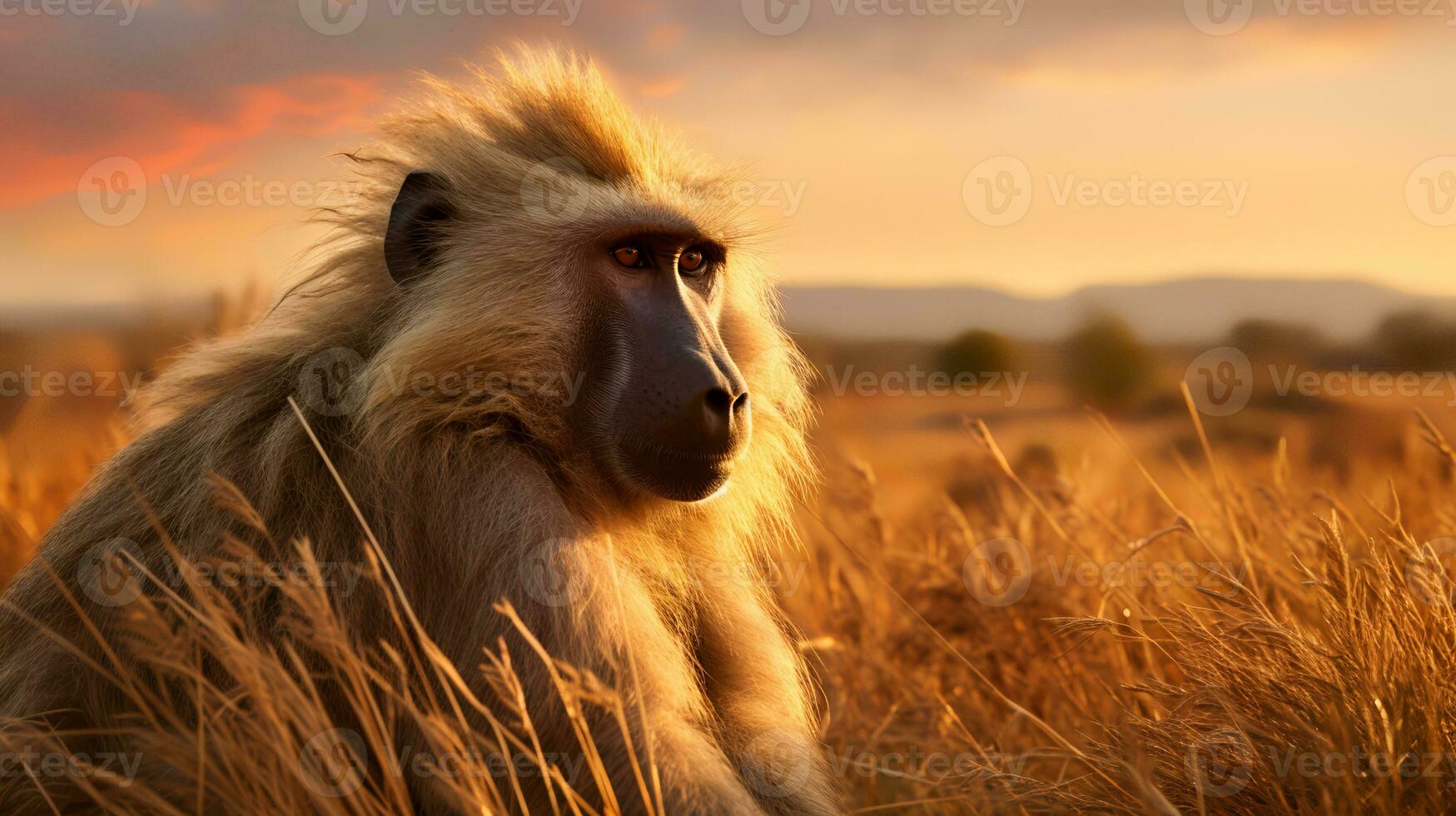 photo de babouin sur savane à le coucher du soleil. génératif ai