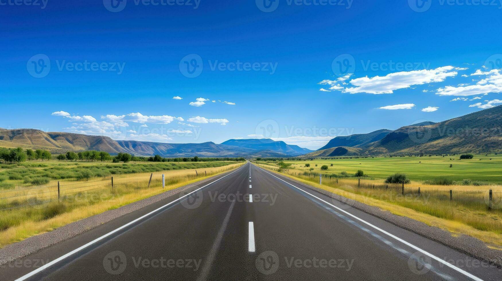 illustration image de paysage avec pays route, vide asphalte route sur bleu nuageux ciel Contexte. multicolore vibrant en plein air horizontal image, génératif ai illustration photo