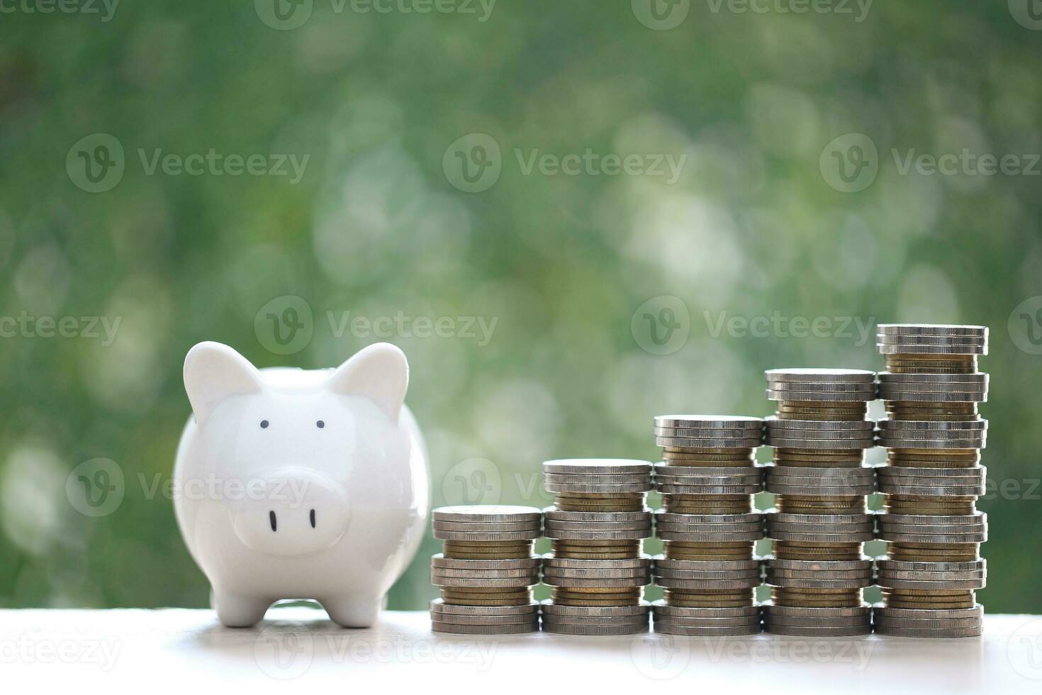 finance, porcin banque et pièces de monnaie argent sur Naturel vert arrière-plan, investissement et affaires concept photo