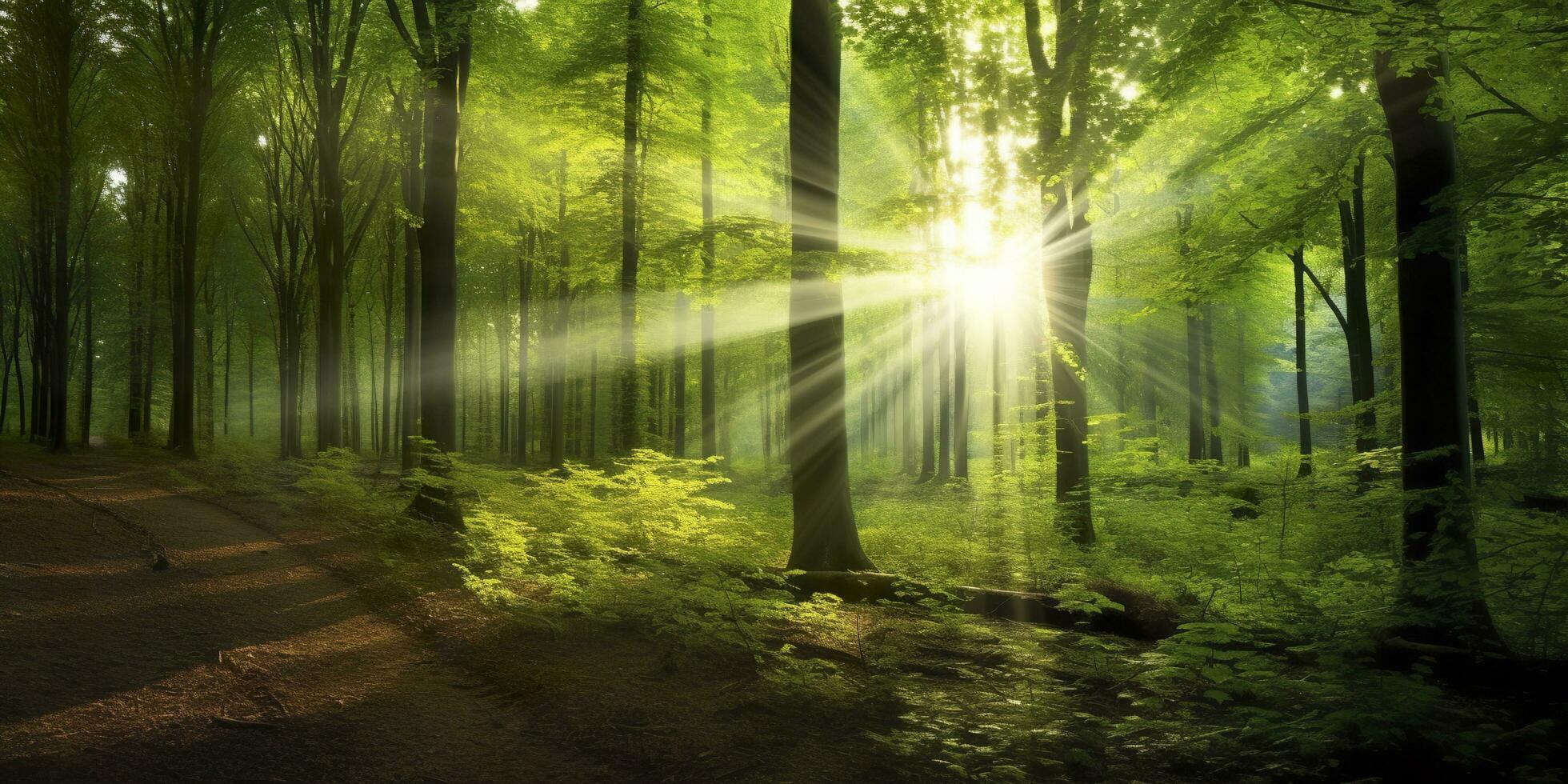 magnifique des rayons de lumière du soleil dans une vert forêt. génératif ai photo