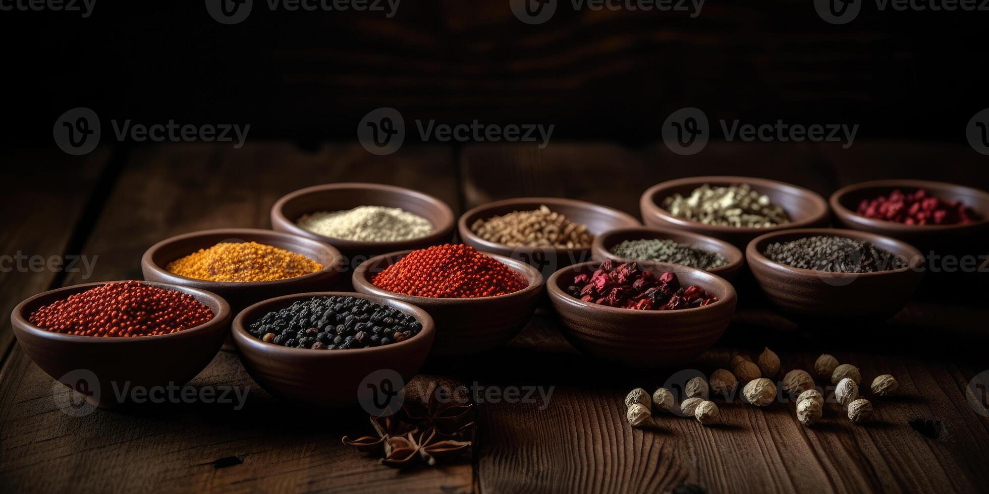 Indien épices proche en haut. poivre, Safran des Indes thym paprika cumin. génératif ai photo