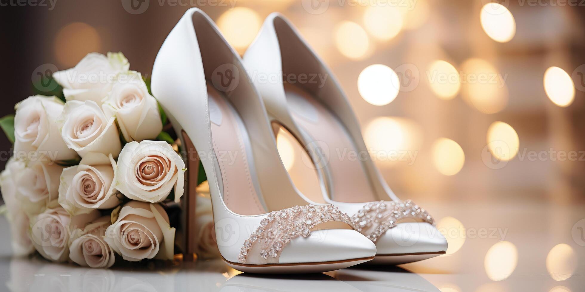 mariage fleurs et blanc chaussures. vacances. génératif ai photo