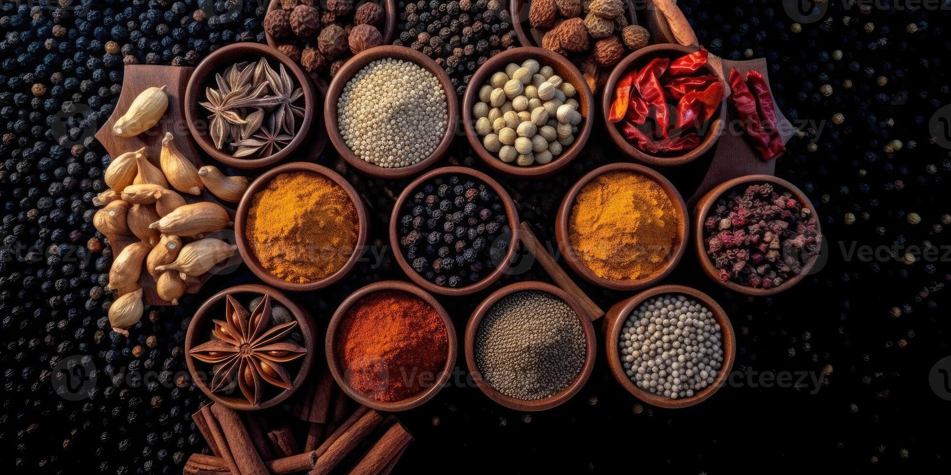 Indien épices proche en haut. poivre, Safran des Indes thym paprika cumin. génératif ai photo