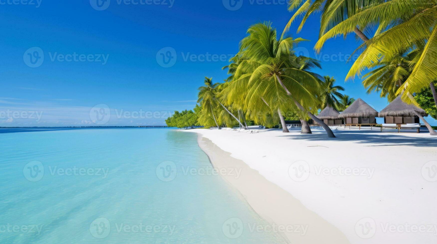 illustration image, plage scène avec clair comme de l'eau de roche turquoise des eaux, poudreux blanc sable, paume feuilles, pétillant vagues et bleu ensoleillé ciel, avec copie espace, génératif ai illustration photo