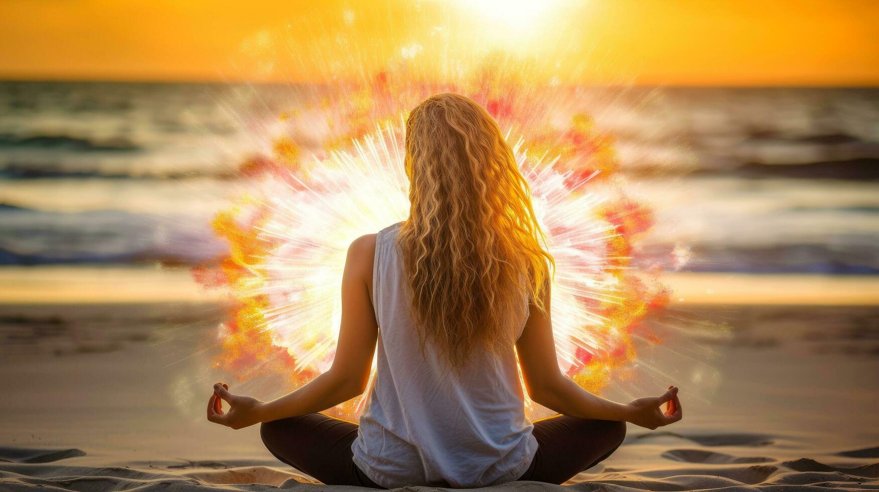 femmes méditer, yoga. psychique femmes considère esprit et cœur. spiritualité, l'ésotérisme, avec bokeh défocalisé lumières. univers, génératif ai illustration photo