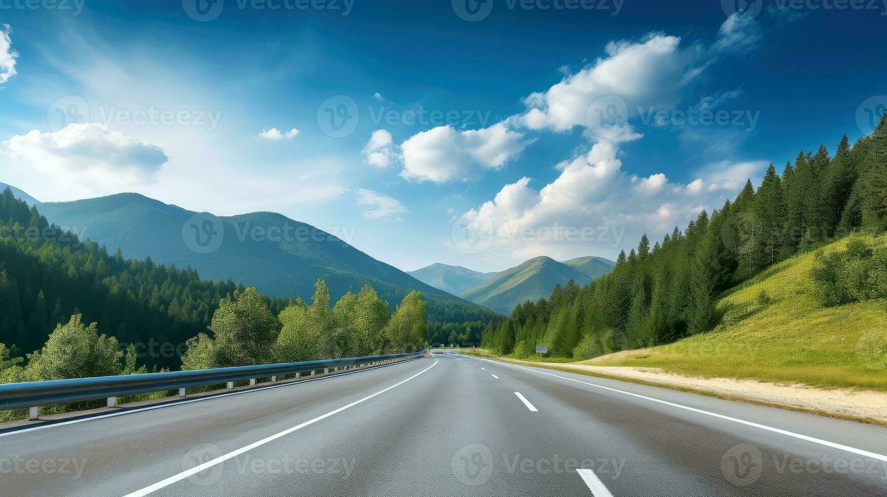 illustration image de paysage avec pays route, vide asphalte route sur bleu nuageux ciel Contexte. multicolore vibrant en plein air horizontal image, génératif ai illustration photo