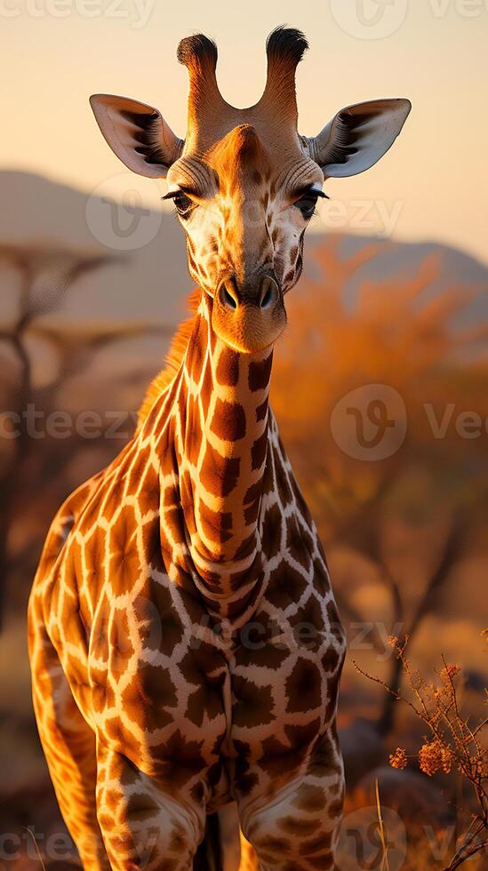 proche en haut photo de girafe sur savane à le coucher du soleil. génératif ai