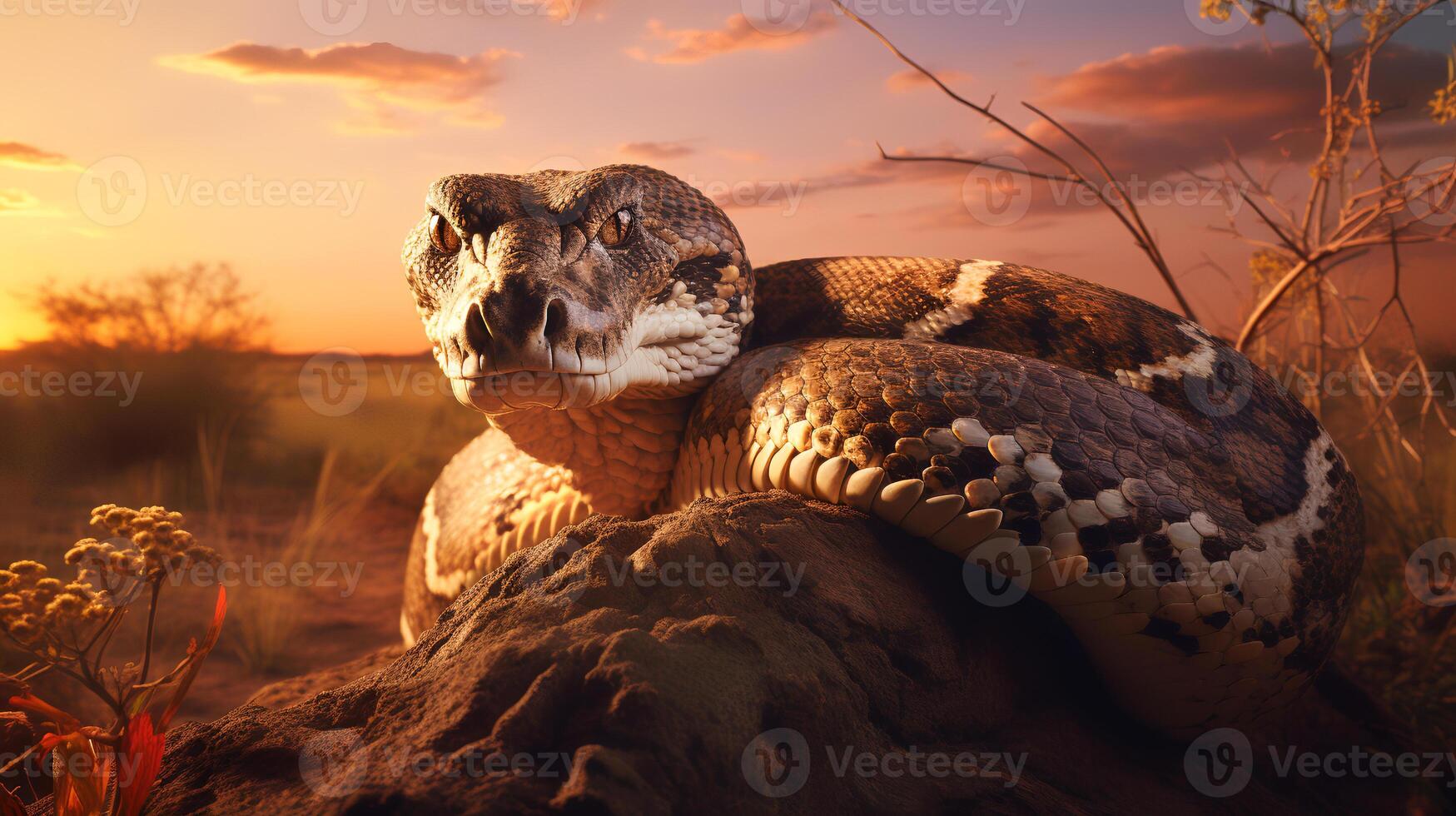 photo de africain Roche python sur savane à le coucher du soleil. génératif ai