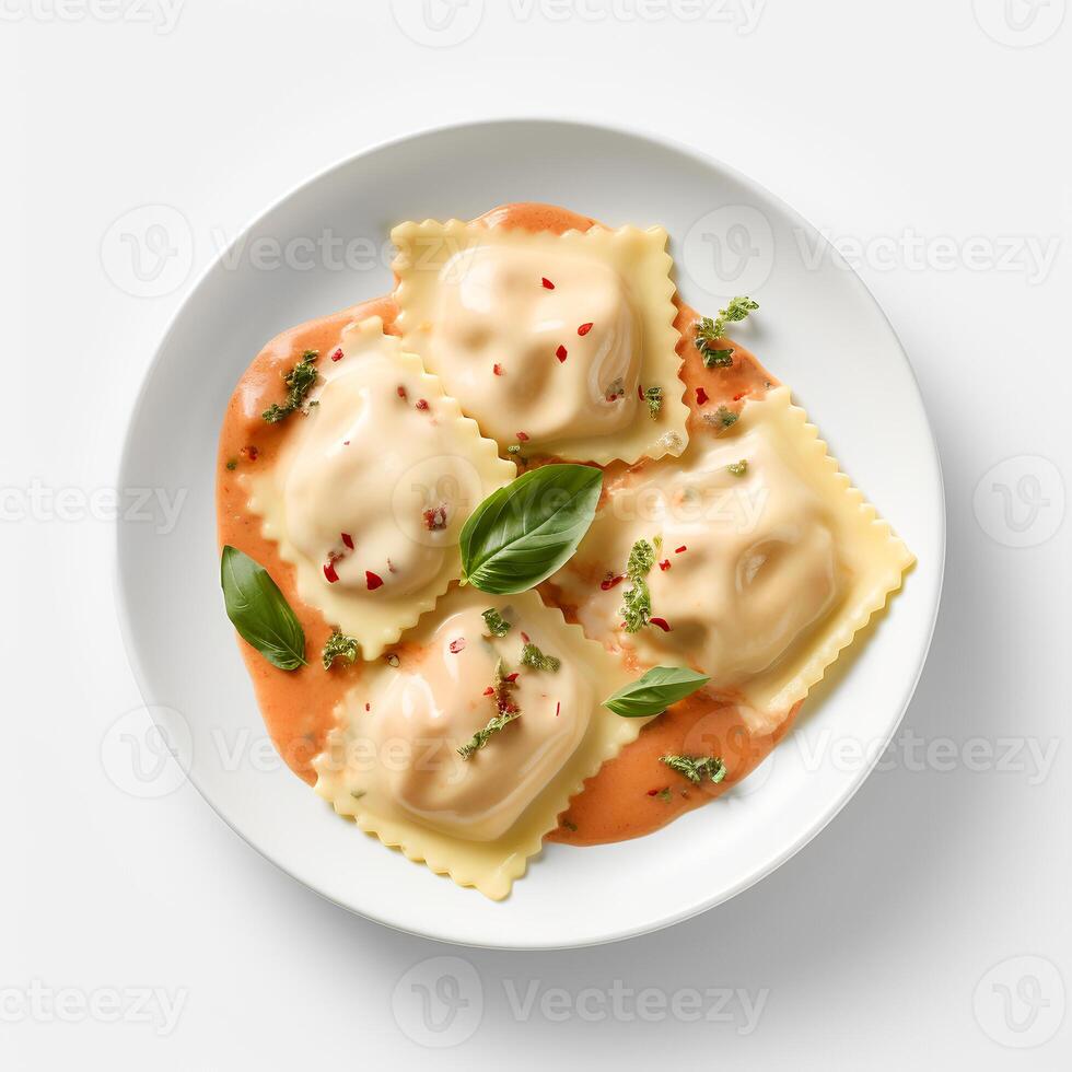 nourriture la photographie de Ravioli sur assiette isolé sur blanc Contexte. génératif ai photo