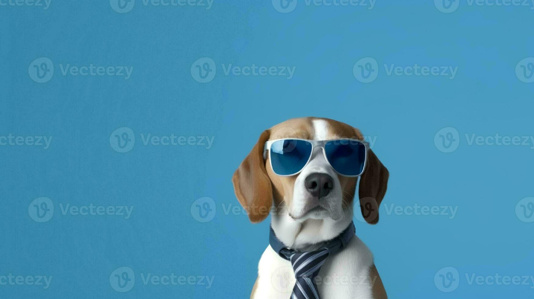 photo de hautain beagle en utilisant des lunettes de soleil et Bureau costume sur blanc Contexte. génératif ai