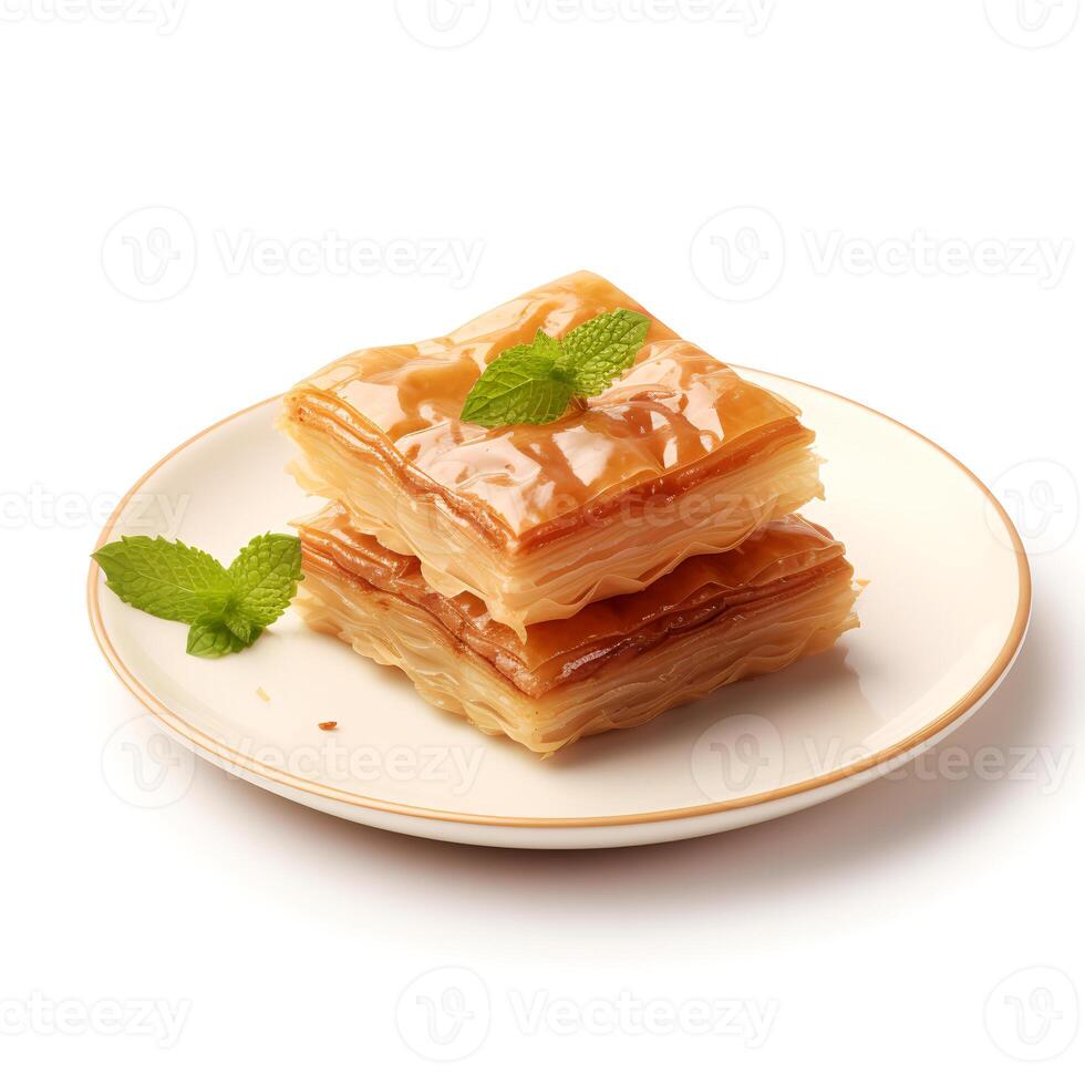 photo de Baklava sur assiette isolé sur blanc Contexte. établi par génératif ai