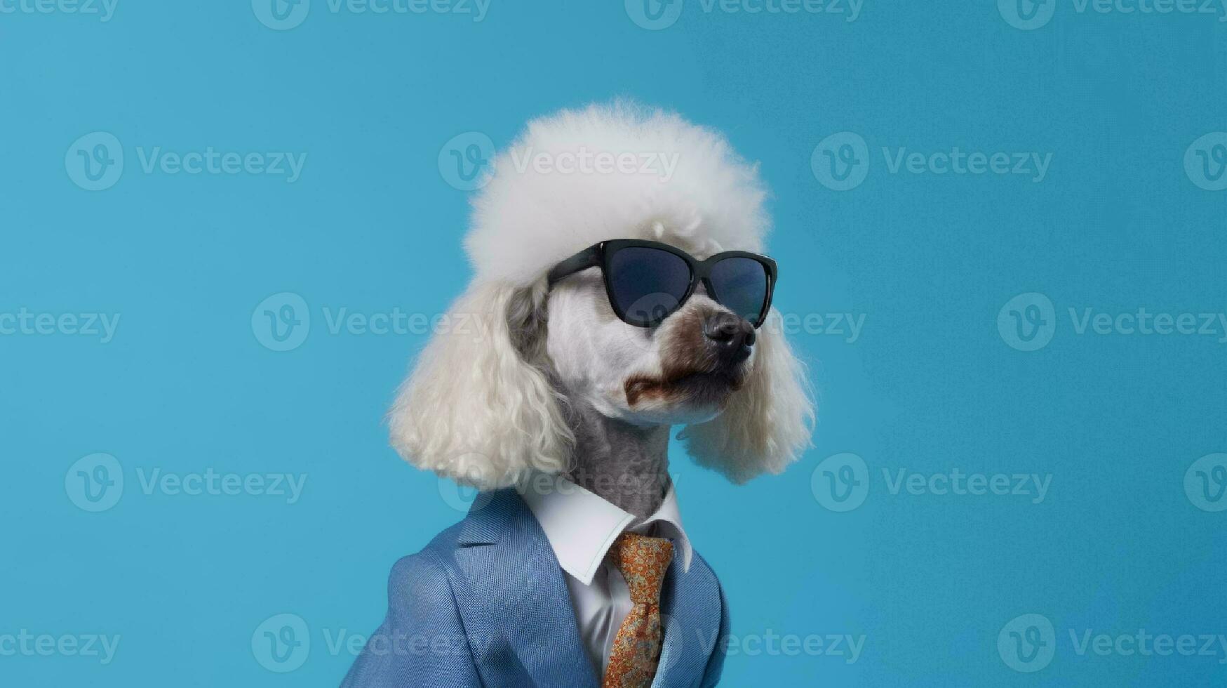 photo de hautain caniche chien en utilisant des lunettes de soleil et Bureau costume sur blanc Contexte. génératif ai