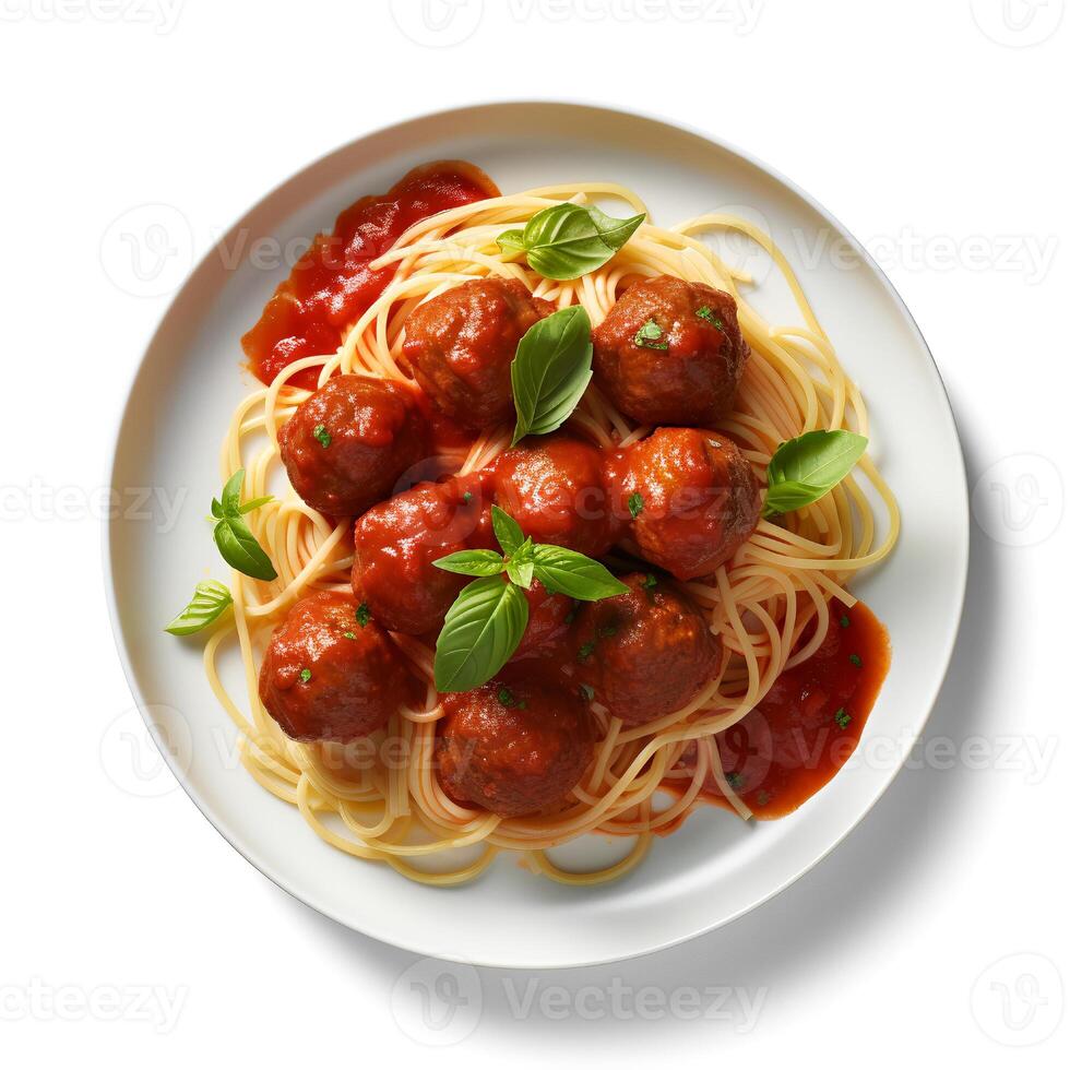 nourriture la photographie de spaghetti avec Boulettes de viande sur assiette isolé sur blanc Contexte. génératif ai photo