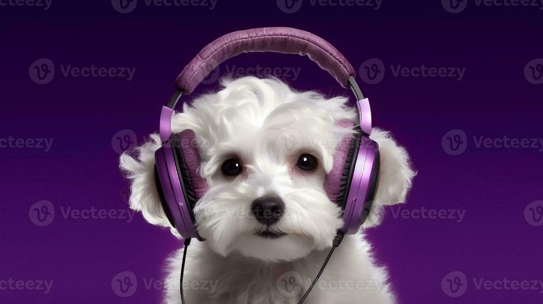 photo de caniche chien en utilisant casque de musique sur violet Contexte. génératif ai