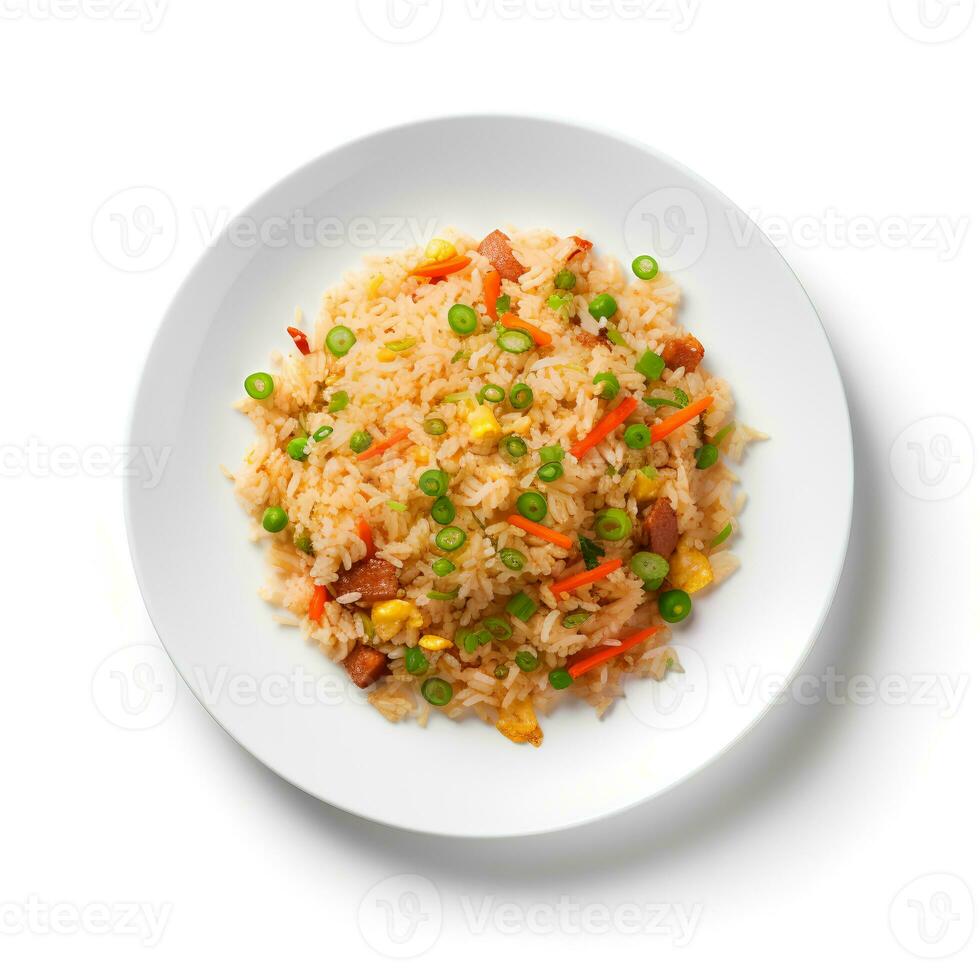 photo de frit riz sur assiette isolé sur blanc Contexte. établi par génératif ai