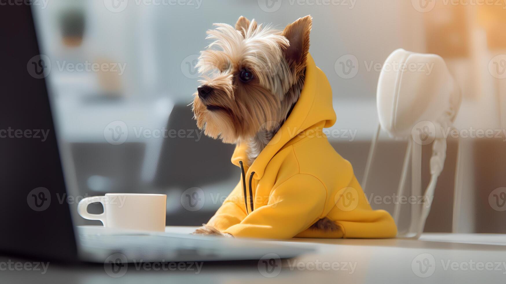 une Yorkshire terrier chien dans une Jaune chandail est assis en train d'étudier accompagné par une tasse et piles de livres photo