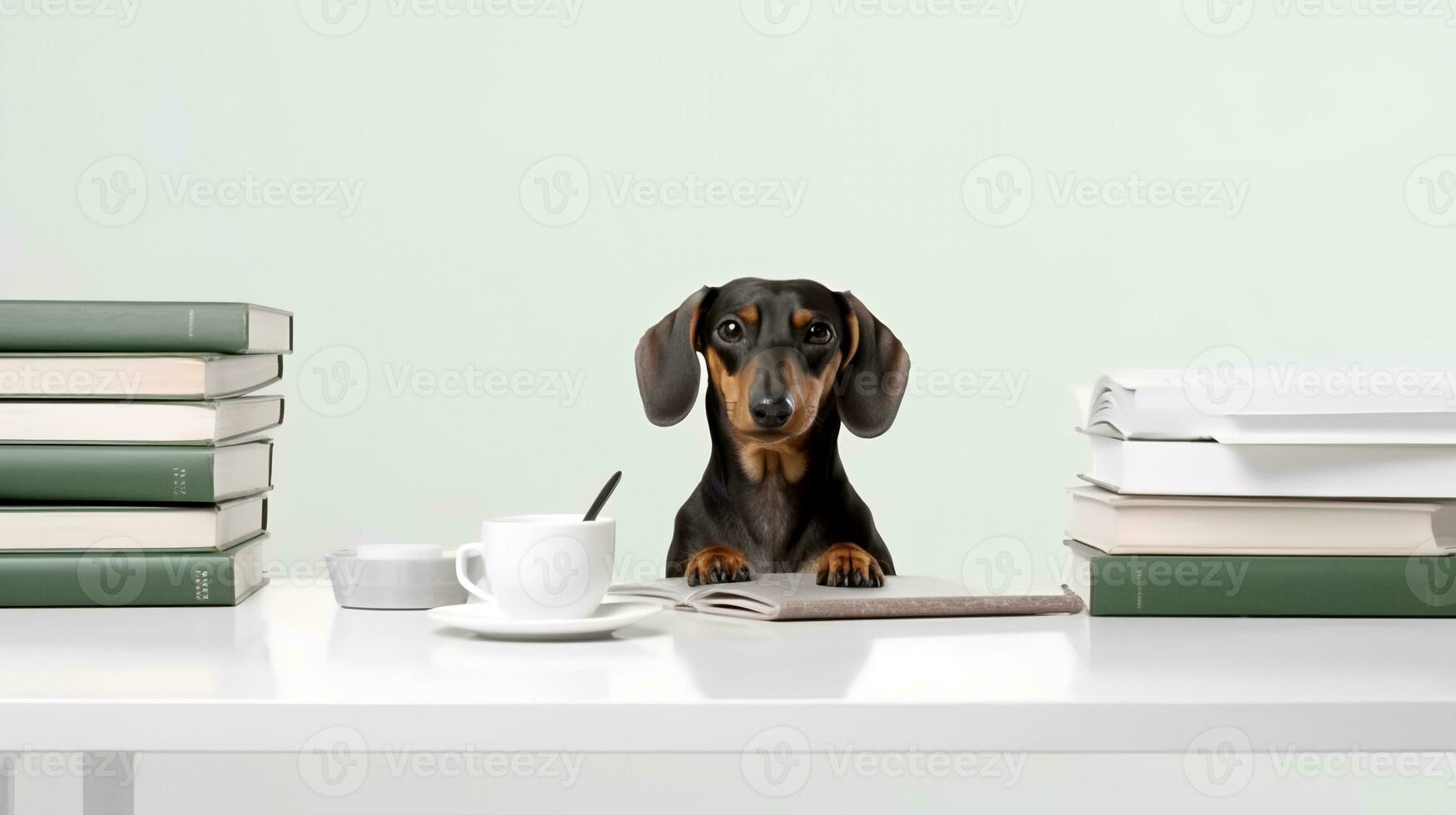 une teckel chien est assis en train d'étudier accompagné par une tasse et piles de livres. génératif ai photo