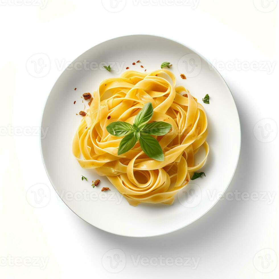 photo de Fettuccine sur assiette isolé sur blanc Contexte. établi par génératif ai