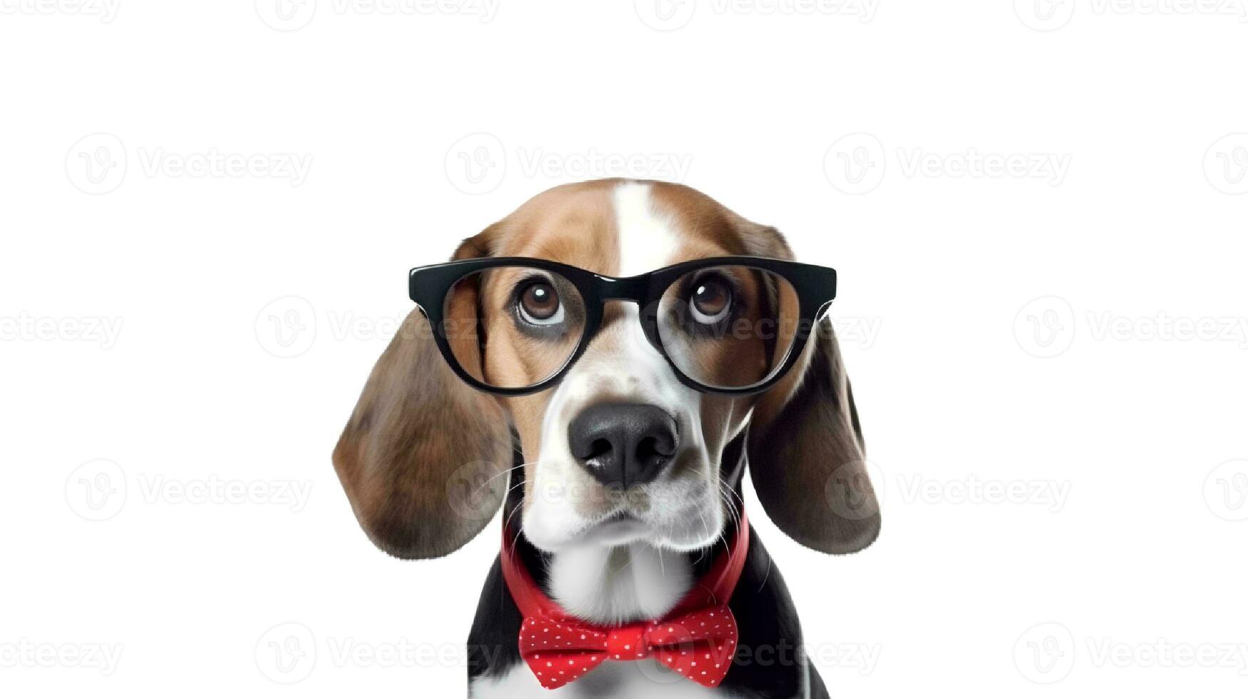 photo de hautain beagle en utilisant des lunettes et Bureau costume sur blanc Contexte. génératif ai