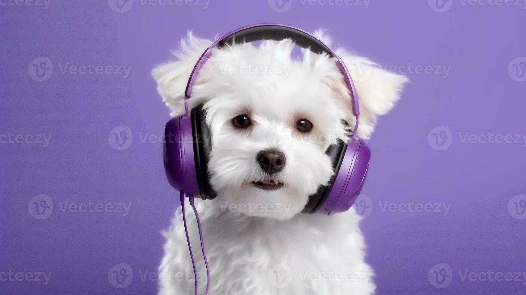 photo de une bichon fise chien en utilisant heanphone sur blanc Contexte. génératif ai